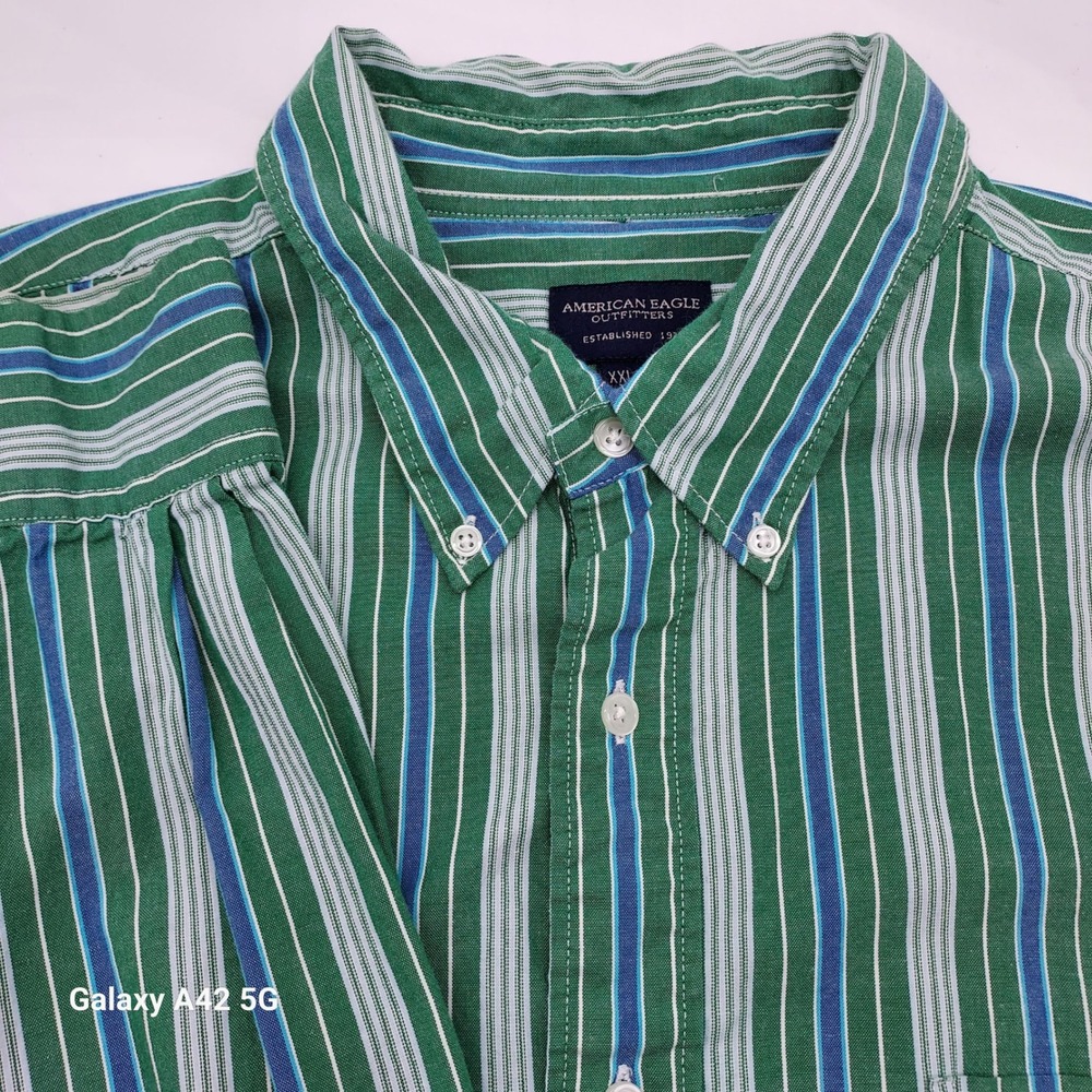 American Eagle Outfitters Mens XXL Green Blue Striped Button‎ Down Cotton Shirt